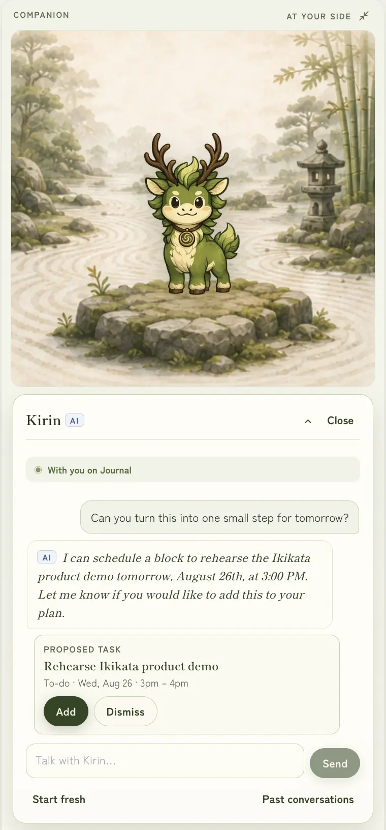 The Kirin drawer on the journal page, the garden illustration above the chat: the writer asks for one small step for tomorrow; Kirin proposes a one-hour block on Wednesday and offers Add or Dismiss.